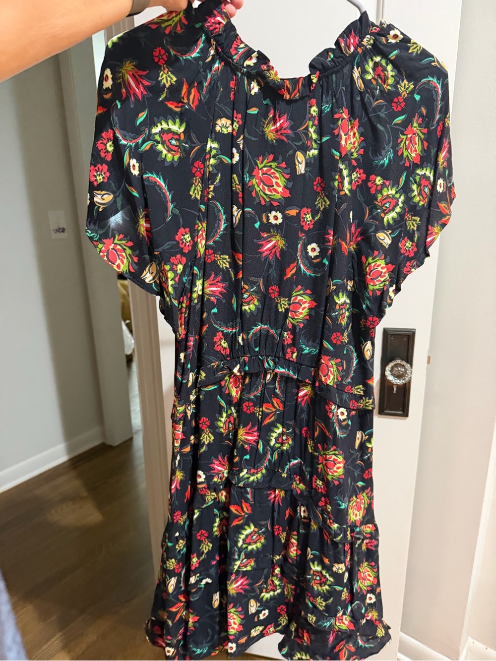 Anthropologie Black Floral V-Neck Tiered Midi Dress with Multicolor Bloom - Picture 3 of 3